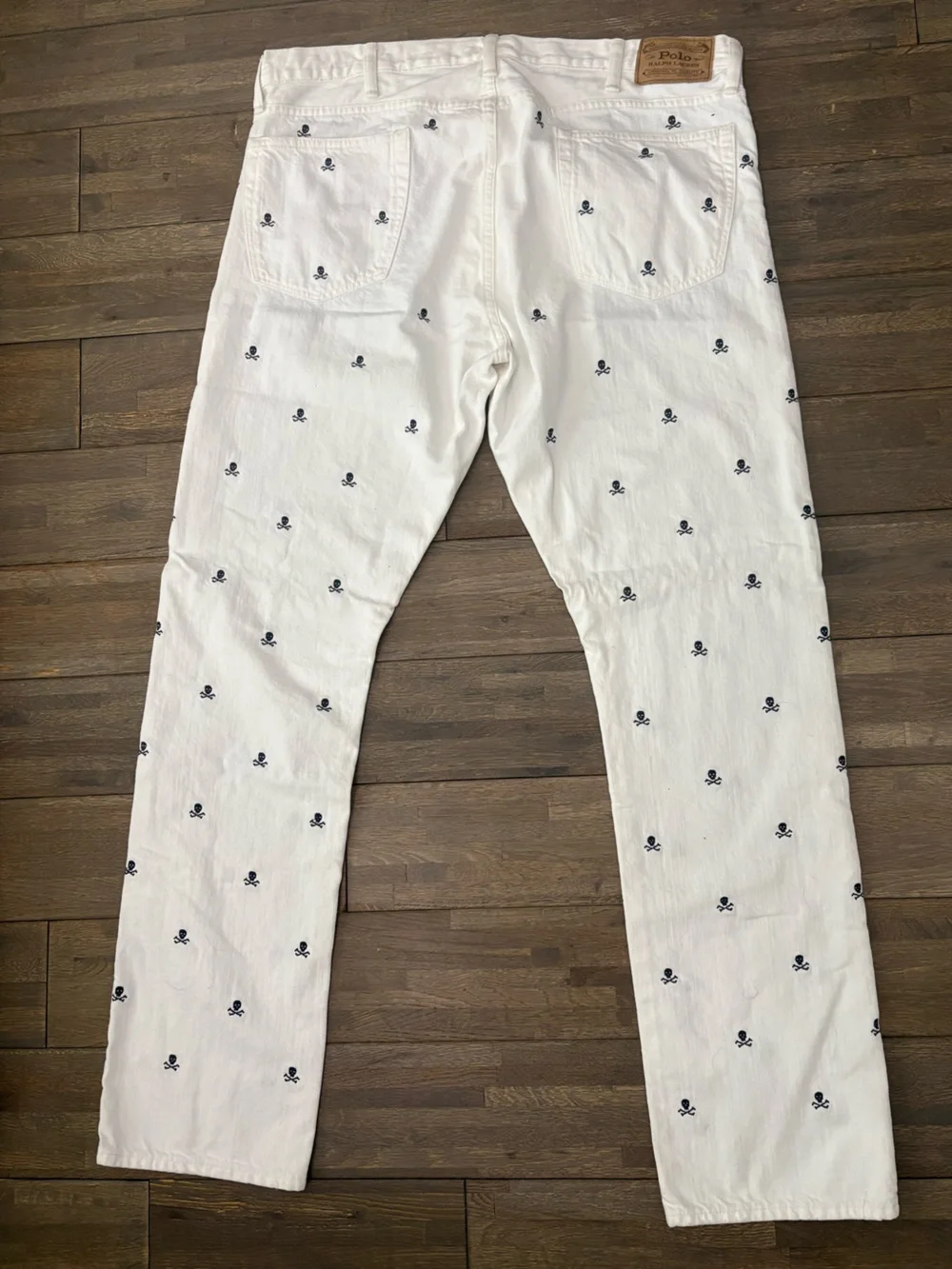Polo Ralph Lauren White Slim Straight Denim Jeans Skull Crossbones 38x34 EUC